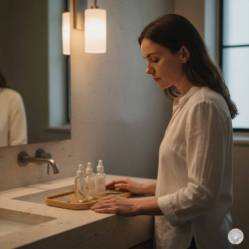 A woman stands in a dark grey tank top, looking down with a somber expression, while a large, plain bathroom mirror reflects her image in a slightly dim, contemplative room.
