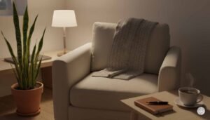 A cozy evening sanctuary corner featuring a cream-colored armchair with a knitted throw, illuminated by the warm glow of a small table lamp. In the foreground, a wooden coffee table holds a leather-bound journal with a pen and a steaming cup of tea, while a tall Snake Plant in a terracotta pot stands beside the chair in the soft shadows.