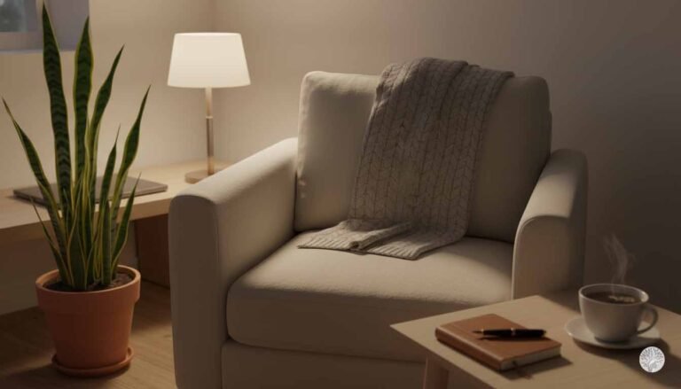 A cozy evening sanctuary corner featuring a cream-colored armchair with a knitted throw, illuminated by the warm glow of a small table lamp. In the foreground, a wooden coffee table holds a leather-bound journal with a pen and a steaming cup of tea, while a tall Snake Plant in a terracotta pot stands beside the chair in the soft shadows.