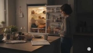A woman standing in a dimly lit kitchen at dusk, looking thoughtfully into an open, glowing refrigerator while leaning against a wooden counter with a notebook and a warm mug.