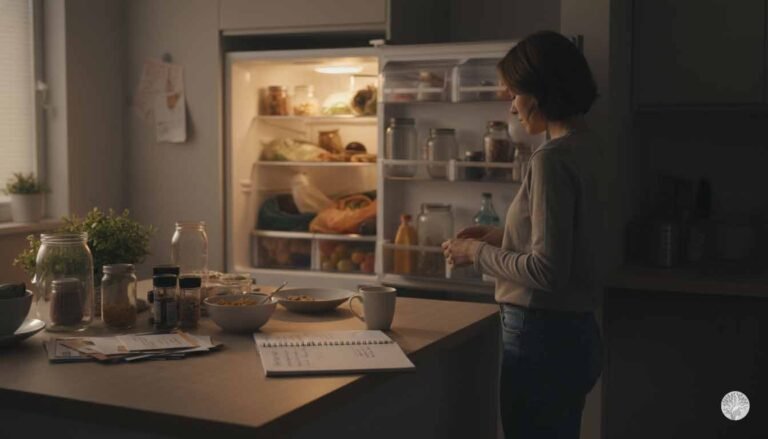 A woman standing in a dimly lit kitchen at dusk, looking thoughtfully into an open, glowing refrigerator while leaning against a wooden counter with a notebook and a warm mug.