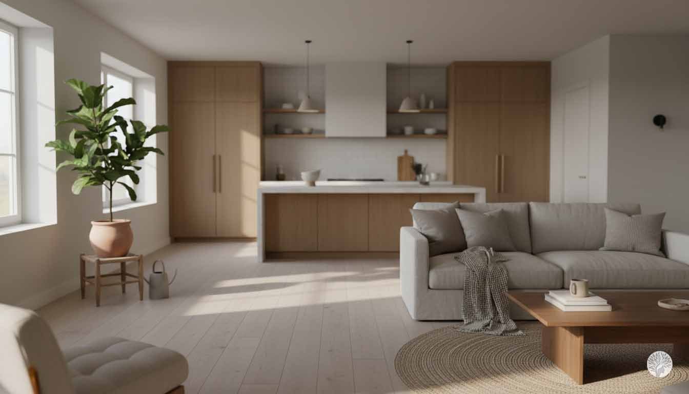 A view into a clean, minimalist kitchen with light wood cabinetry, white countertops, and open shelving, featuring various pottery bowls, mugs, and a chopping board, naturally lit by a large window.