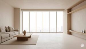 A wide-angle, minimalist living room featuring a low wooden coffee table with a single ceramic vase, a neutral sofa, and expansive floor-to-ceiling windows that fill the airy space with natural light.