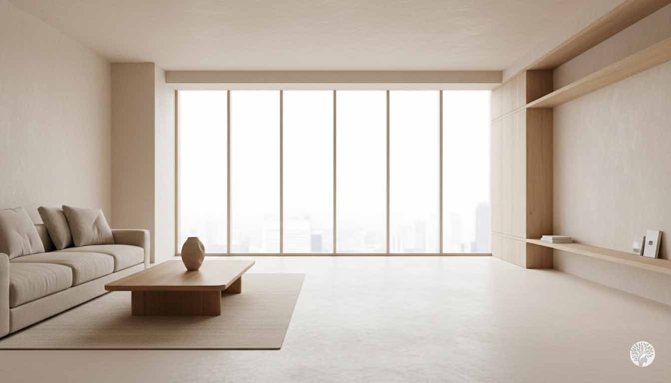 A wide-angle, minimalist living room featuring a low wooden coffee table with a single ceramic vase, a neutral sofa, and expansive floor-to-ceiling windows that fill the airy space with natural light.