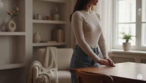 A woman standing in a clean, minimalist living room with her hands resting on a clear wooden dining table, illustrating the concept of a "Surface Reset" and "Visual Silence" in a mindful home.