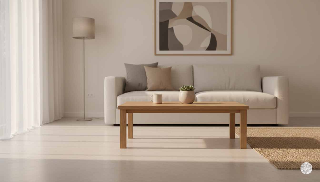 A minimalist living room featuring a wooden coffee table with a single mug and small plant, a neutral sofa with Earth-toned pillows, and soft morning sunlight creating a calm home atmosphere.