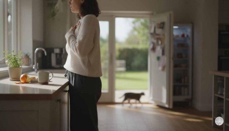 A woman seen from behind with her dark hair in a casual bun, wearing a cream-colored knit sweater, looking out of a large glass door toward a misty mountain forest. She has one hand placed gently over her heart, standing in a brightly lit, minimalist home entryway with a Monstera plant and a wooden coat rack nearby.