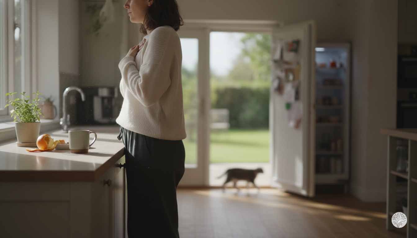 A woman seen from behind with her dark hair in a casual bun, wearing a cream-colored knit sweater, looking out of a large glass door toward a misty mountain forest. She has one hand placed gently over her heart, standing in a brightly lit, minimalist home entryway with a Monstera plant and a wooden coat rack nearby.