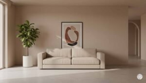 A simple, rustic white ceramic pitcher holding a single green leaf, sitting on a natural wood surface against a large, textured off-white wall with plenty of negative space, creating a calm and minimalist home environment.