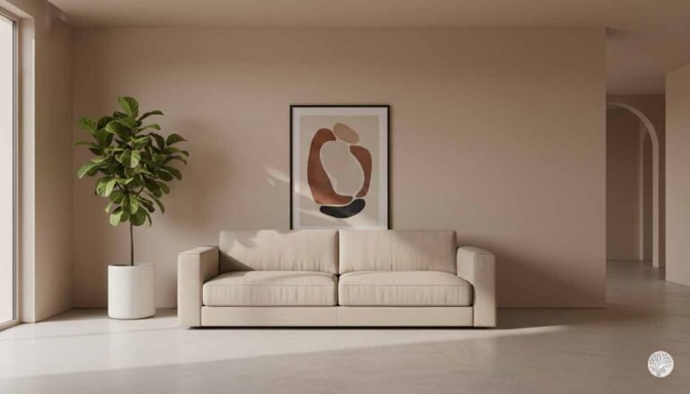 A simple, rustic white ceramic pitcher holding a single green leaf, sitting on a natural wood surface against a large, textured off-white wall with plenty of negative space, creating a calm and minimalist home environment.