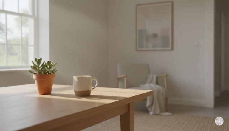 A serene, sun-drenched living space featuring a minimalist wooden table in the foreground with a ceramic mug and a small potted succulent. In the soft-focus background, a comfortable armchair with a throw blanket sits near a window, illustrating a calm morning environment.