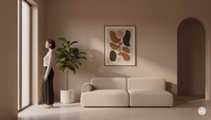 A woman standing peacefully in a minimalist, earth-toned living room, looking out a large window. The room features a low-profile cream sofa, a large fiddle leaf fig plant, and abstract art on a warm beige wall, perfectly illustrating the Hetal Method's principles of visual silence and environmental curation.