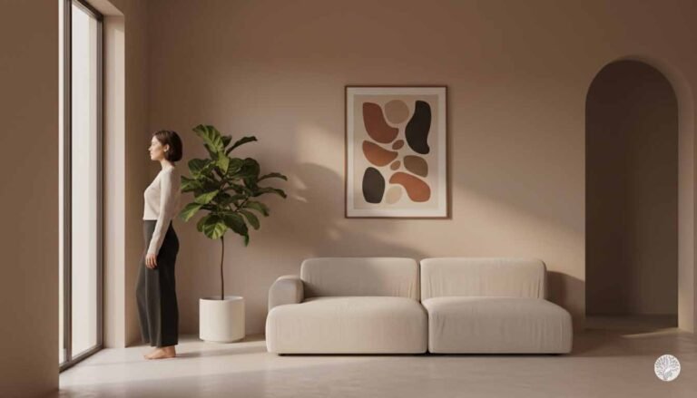 A woman standing peacefully in a minimalist, earth-toned living room, looking out a large window. The room features a low-profile cream sofa, a large fiddle leaf fig plant, and abstract art on a warm beige wall, perfectly illustrating the Hetal Method's principles of visual silence and environmental curation.