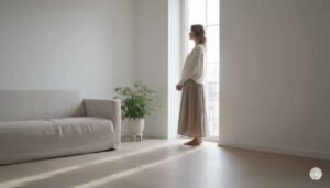 A woman stands peacefully by a large floor-to-ceiling window in a bright, minimalist room. She is wearing a soft cream sweater and a long linen skirt, looking out at the light. The room features a simple grey sofa, a potted green plant, and light wood floors, creating an atmosphere of quiet "Visual Silence."