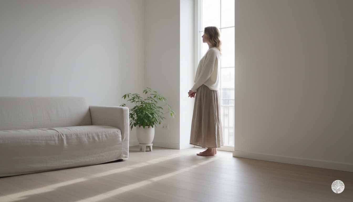 A woman stands peacefully by a large floor-to-ceiling window in a bright, minimalist room. She is wearing a soft cream sweater and a long linen skirt, looking out at the light. The room features a simple grey sofa, a potted green plant, and light wood floors, creating an atmosphere of quiet "Visual Silence."