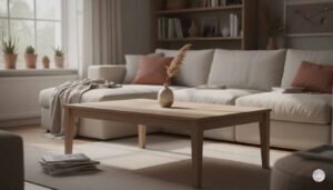 A wide-angle shot of a serene, minimalist living room featuring a light beige sectional sofa and a clean wooden coffee table as a Sanctuary Surface. The room is filled with soft, natural light from a large window with small potted plants, creating an atmosphere of Visual Silence and mental clarity.