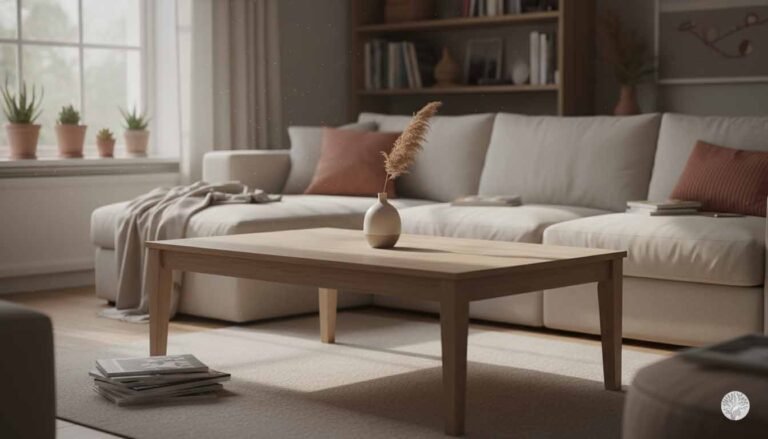 A wide-angle shot of a serene, minimalist living room featuring a light beige sectional sofa and a clean wooden coffee table as a Sanctuary Surface. The room is filled with soft, natural light from a large window with small potted plants, creating an atmosphere of Visual Silence and mental clarity.