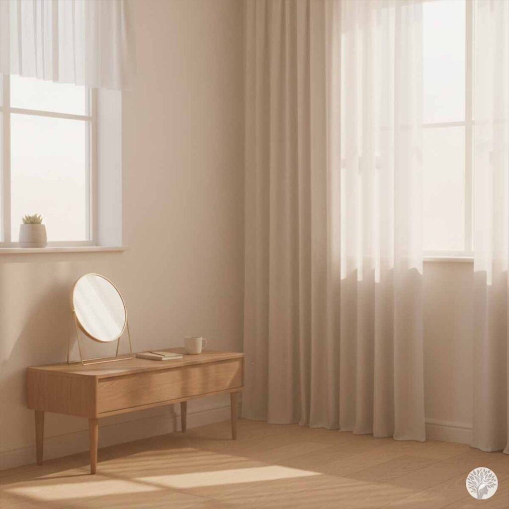 A bright and airy morning room with sunlight streaming through sheer white curtains, illuminating a minimalist wooden vanity with a round mirror and a warm cup of coffee.