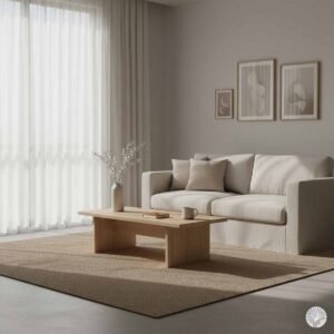 A minimalist, neutral-toned living room sanctuary featuring a cream sofa, light wood coffee table with a vase of white flowers, and three framed abstract art pieces on a beige wall, representing a calm home environment.