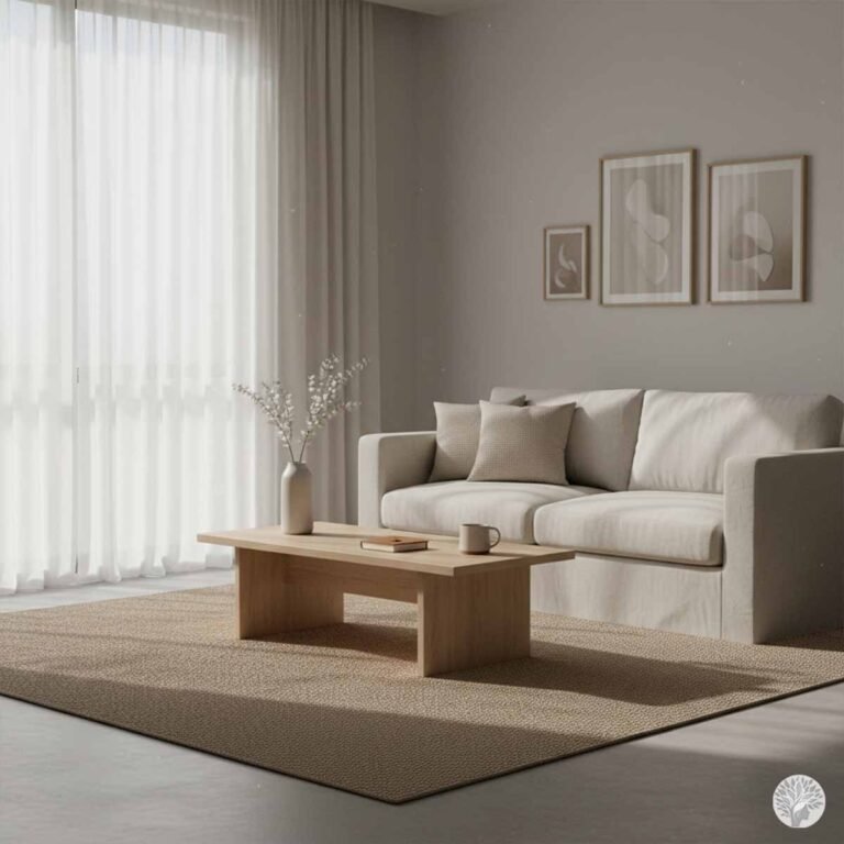 A minimalist, neutral-toned living room sanctuary featuring a cream sofa, light wood coffee table with a vase of white flowers, and three framed abstract art pieces on a beige wall, representing a calm home environment.