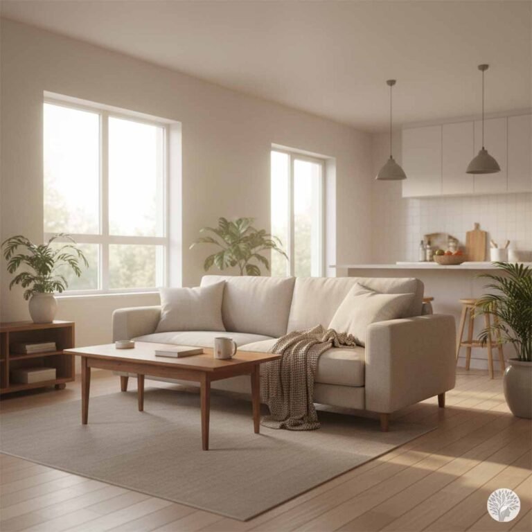 A bright, tidy living room with a neutral-colored sofa, wooden coffee table, and indoor plants, leading into a clean white kitchen with soft sunlight streaming through the windows.