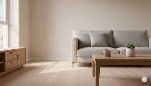 A minimalist living room bathed in soft natural light, featuring a light wood coffee table with a small potted succulent and a ceramic mug, a cream-colored sofa with neutral pillows, and a large window in a serene, decluttered space.