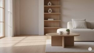 A serene and minimalist living room featuring a low wooden coffee table with a small succulent and white mug, a light cream sofa with neutral pillows, and a large abstract painting on a beige wall under soft natural light.