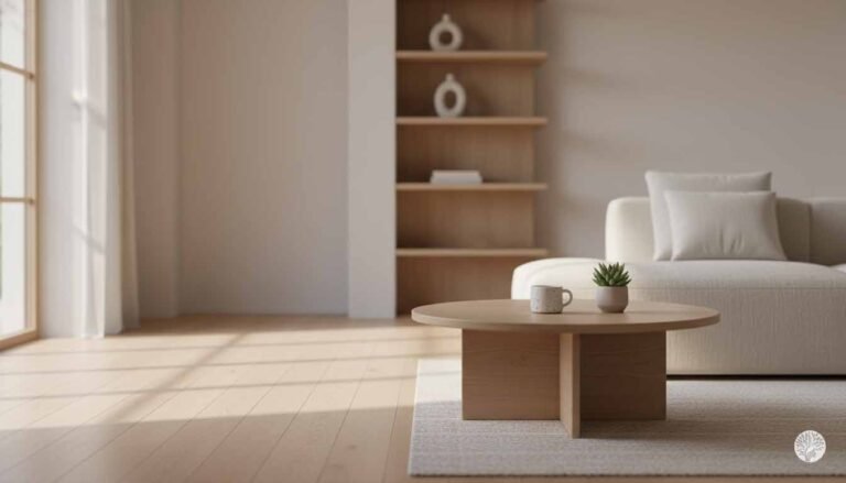 A serene and minimalist living room featuring a low wooden coffee table with a small succulent and white mug, a light cream sofa with neutral pillows, and a large abstract painting on a beige wall under soft natural light.