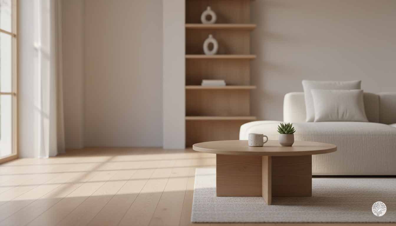A serene and minimalist living room featuring a low wooden coffee table with a small succulent and white mug, a light cream sofa with neutral pillows, and a large abstract painting on a beige wall under soft natural light.