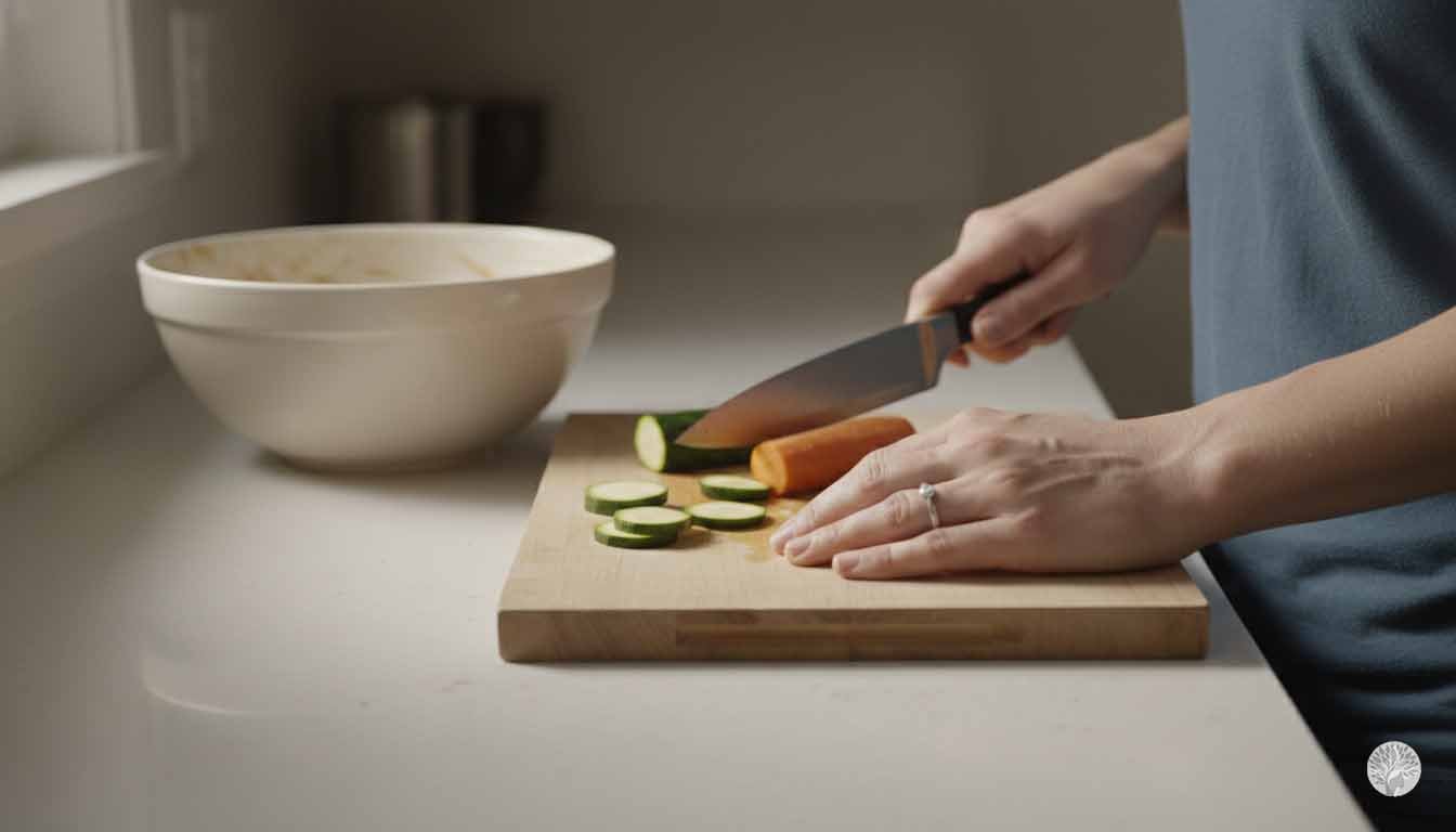 A close-up photograph focuses on a person's hands as they chop zucchini and carrots on a clean wooden cutting board. The scene takes place in a minimalist kitchen with a spotless white countertop and a simple ceramic bowl, illuminated by natural morning light.