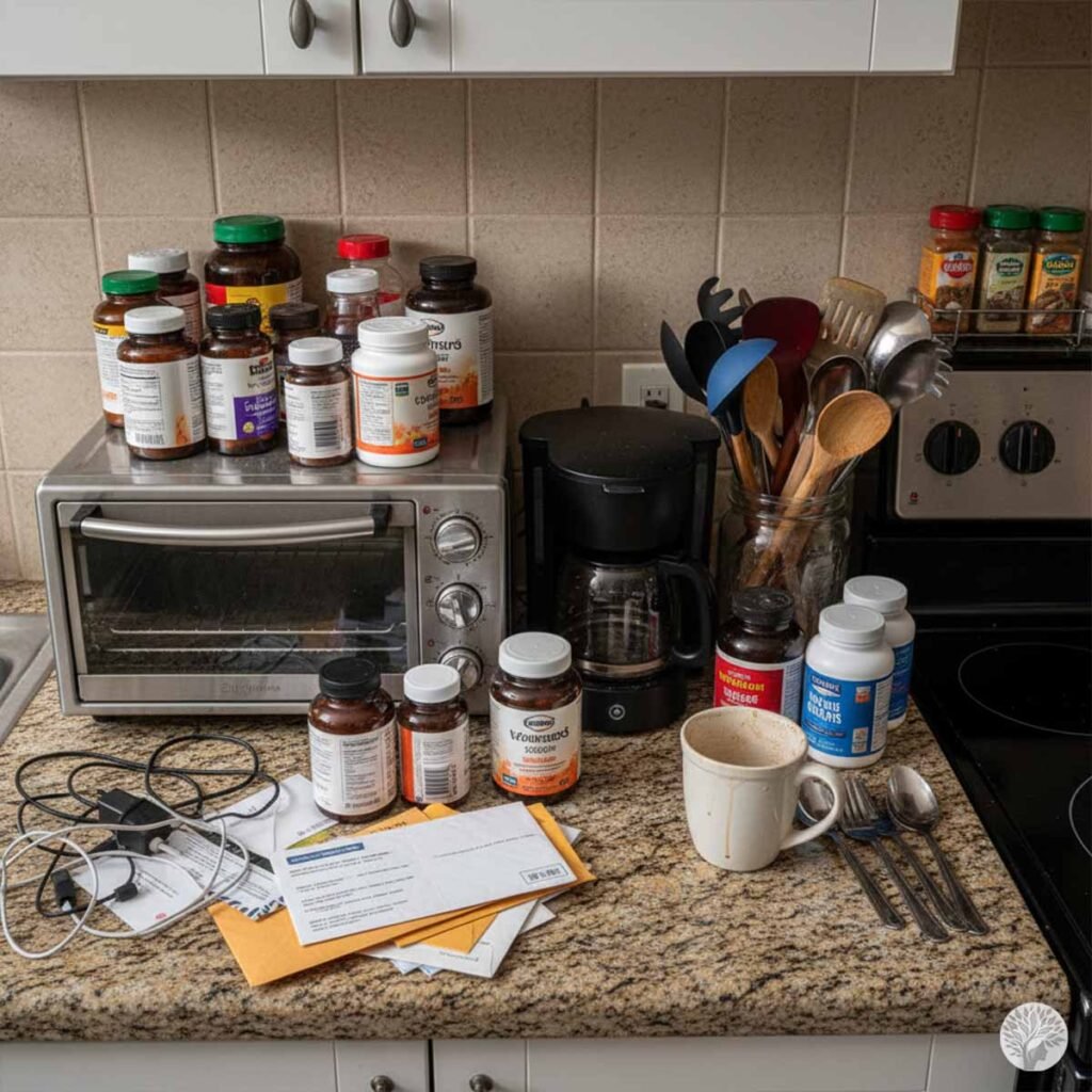 A cluttered kitchen countertop with a toaster oven, coffee maker, tangled charging cords, stacks of mail, and dozens of vitamin bottles, illustrating the concept of Visual Noise.