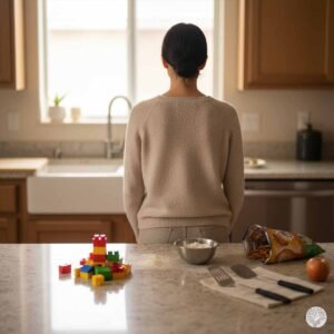 A woman seen from behind, standing in a kitchen with a small pile of colorful building blocks, a bowl of flour, and an open bag of pretzels on the counter, representing the practice of Messy Mindfulness.