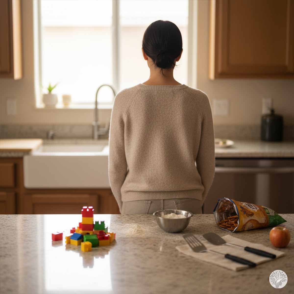 A woman seen from behind, standing in a kitchen with a small pile of colorful building blocks, a bowl of flour, and an open bag of pretzels on the counter, representing the practice of Messy Mindfulness.