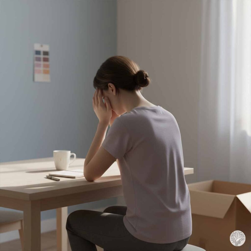 A full-body photograph taken from behind shows a woman in a lavender t-shirt and grey leggings, sitting at a simple light-wood table. Her elbows are on the table, and her head is buried in her hands. The scene is illuminated by soft, natural morning light coming through a large window, with shadows highlighting her tense posture. A single white mug is on the table, and an open cardboard box is on the floor nearby in a peaceful, minimalist interior.