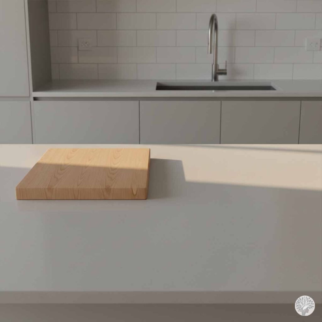 A minimalist kitchen island featuring a single wooden cutting board on a clean, white countertop, illustrating the restorative concept of Visual Silence.