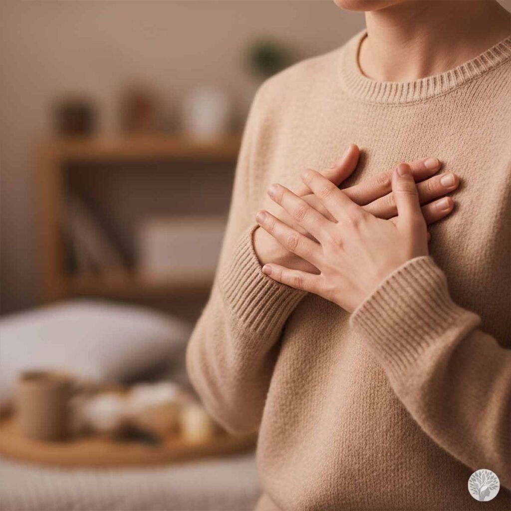A close-up of a woman in a tan sweater with both hands placed over her heart in a grounding gesture, illustrating a mindfulness reset for emotional regulation.