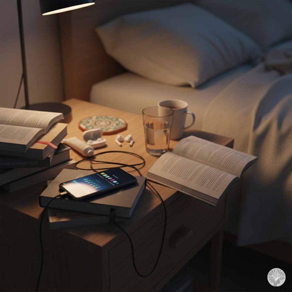 A wooden nightstand beside an unmade bed, cluttered with an open book, a stack of closed books, a charging smartphone, tangled white cables, a coffee mug, and a glass of water, illustrating Visual Static.