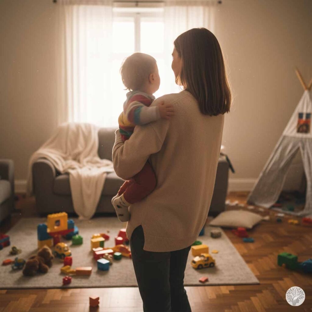 A mother, seen from behind wearing a tan knit sweater, holds a small child while standing in a living room scattered with colorful toy blocks and a small play tent, illustrating the concept of Messy Mindfulness.