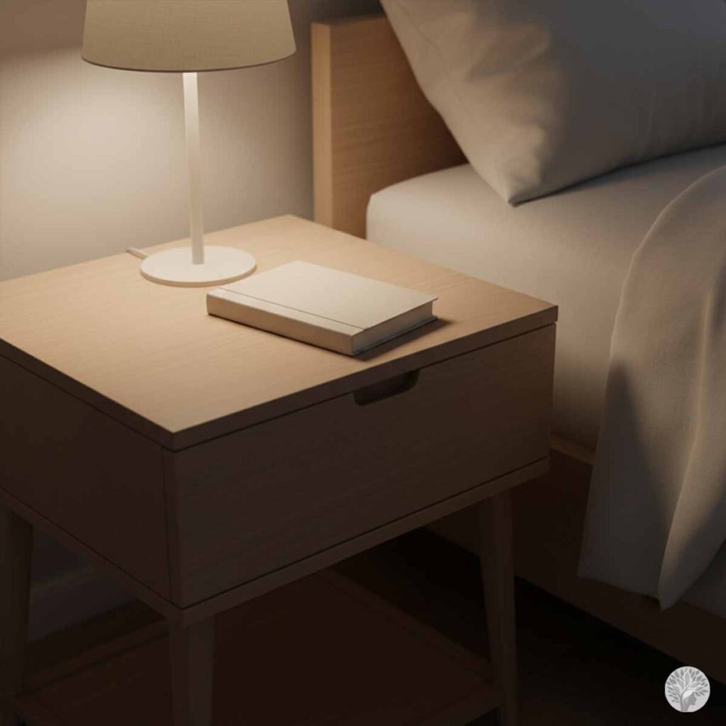 A close-up view of a minimalist, light wood nightstand beside a neatly made bed. The surface holds only a single modern lamp casting warm light and a closed, linen-covered journal, illustrating the restoration found in Visual Silence.