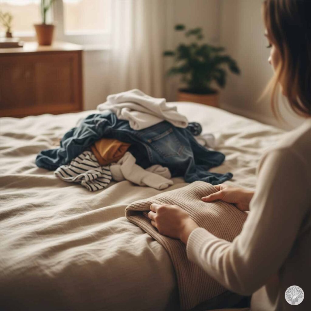 A woman from behind is sitting on a neatly made bed, folding a single beige garment while facing a large pile of varied, unfolded clothes, illustrating the transition from Visual Noise to Messy Mindfulness.