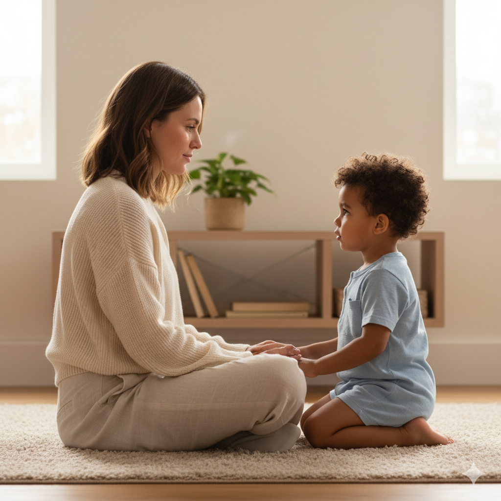 A mother sitting cross-legged on a rug, holding hands and making eye contact with her young son who is kneeling in front of her, demonstrating the eye-level connection technique in a bright, minimalist living room.