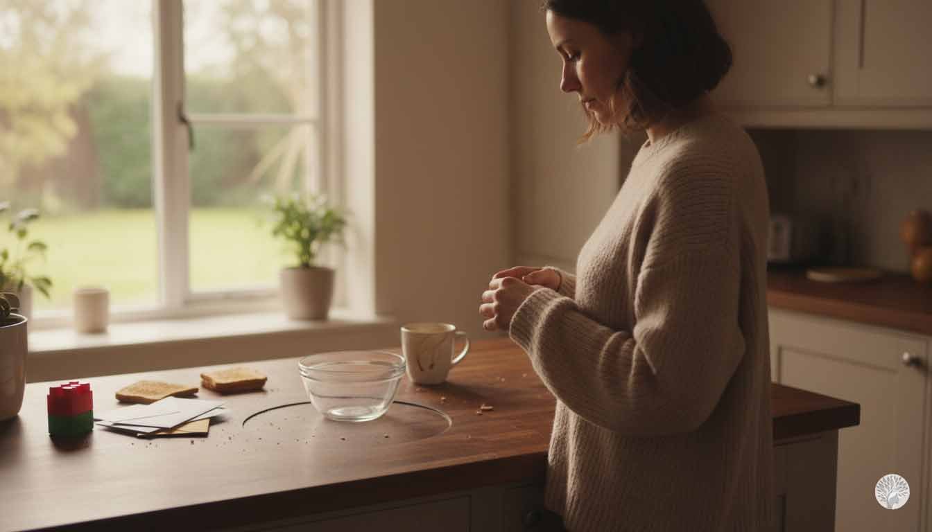 A woman in a kitchen looks thoughtfully at a counter scattered with breakfast remains and mail in soft, natural morning light.