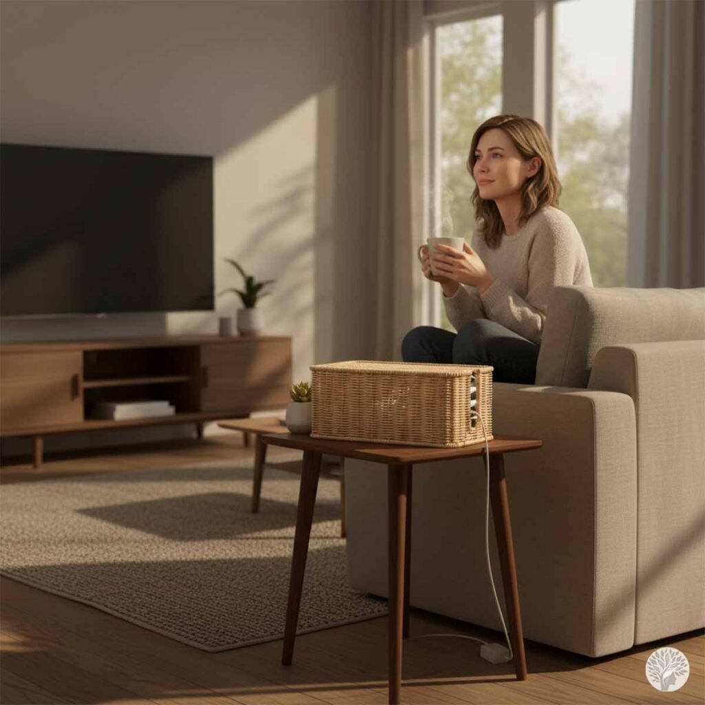A woman sitting on a neutral-colored sofa in a sunlit, calm living room holding a mug, with a woven bamboo cable management box on a wooden side table next to her to hide tangled wires.