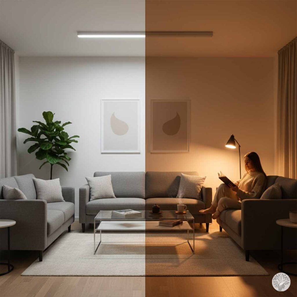 A cozy living room at sunset featuring warm amber-toned lamp lighting and a salt lamp on a clear wooden side table.