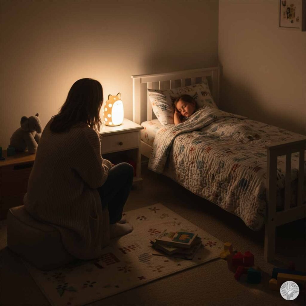 A mother sitting quietly by her child's bedside at night, illuminated by a warm lamp, representing the silent rebirth of patience and gentleness in motherhood.