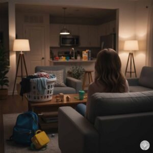 A mother sitting on a grey sofa at night, looking toward an open kitchen where a full laundry basket, school backpacks, and scattered toys are visible, illustrating the mental load and the inability to "clock out" from home management.
