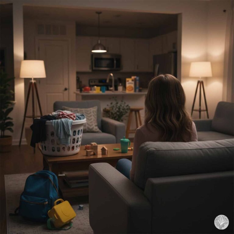 A mother sitting on a grey sofa at night, looking toward an open kitchen where a full laundry basket, school backpacks, and scattered toys are visible, illustrating the mental load and the inability to "clock out" from home management.
