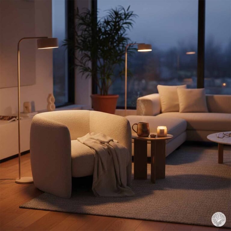 A cozy, minimalist living room at twilight featuring a cream-colored bouclé swivel chair, warm floor lamps, a steaming mug, and a lit candle, representing a peaceful calm corner for sensory rest.