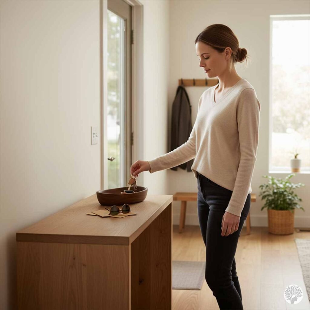 A woman in a light-colored sweater standing in a bright, minimalist entryway, placing her keys into a deep walnut wooden catch-all tray sitting on a light oak console table next to her sunglasses.