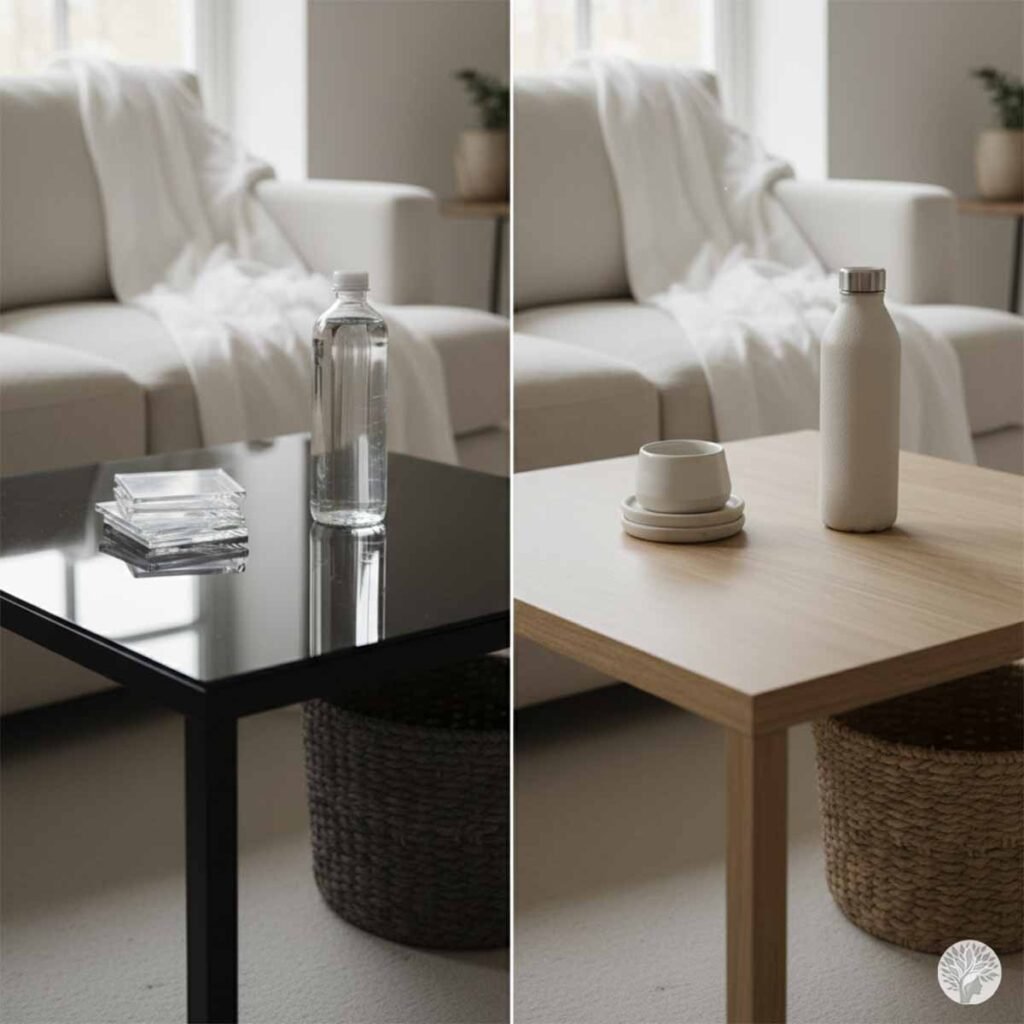 A side-by-side comparison showing a glossy black table with reflective glass items versus a matte natural wood table with an unglazed ceramic mug and a soft-textured bottle.